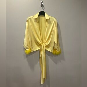 RUMOURS Yellow Feather Trim Tie Front Satin Blouse - SMALL